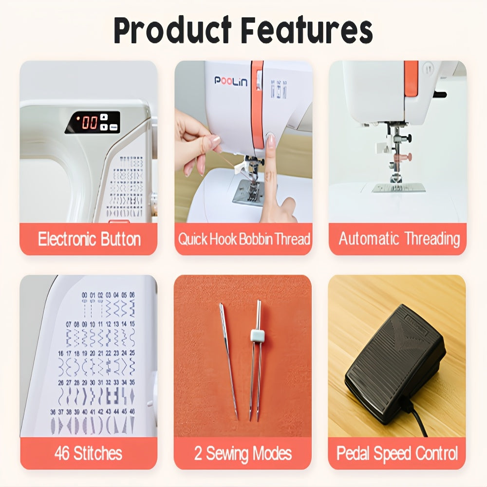 Electronic Sewing Machine, Heavy Duty 100 Stitches, 6 Presser Feet, Reverse Stitching Come